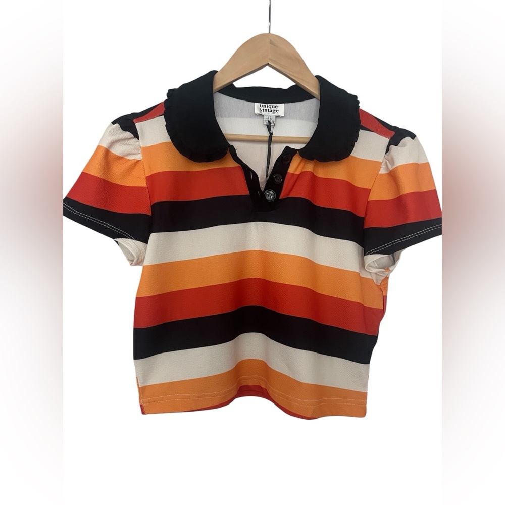 Unique Vintage Candy Corn Stripes Cropped Polo Shirt for Halloween - Size L